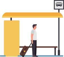 Man waiting at a bus stop with a suitcase under a bright yellow shelter in flat art vector