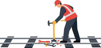 Worker adjusting railway tracks with tools in a flat, minimal illustration vector