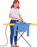 Woman standing at an ironing board using a steam iron in minimal art vector