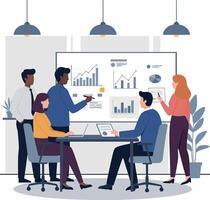 Team of professionals collaborating in a modern office with charts and graphs flat art vector