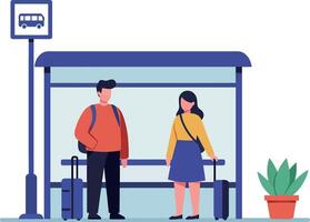 Two individuals waiting at a bus stop under a shaded shelter in flat art vector