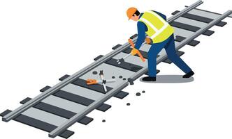 Construction worker repairing railway tracks in flat art style showcasing detail and precision in action vector