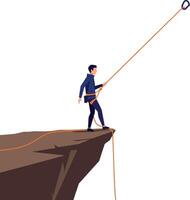 A man confidently standing on a cliff edge using climbing gear in flat art vector