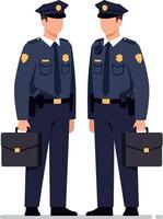Two uniformed police officers standing together in detailed flat art vector