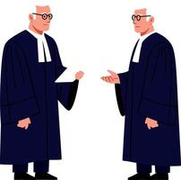 Two judges in black robes discussing legal documents in a flat illustration vector