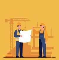 Construction workers discussing blueprints on a job site in flat art vector