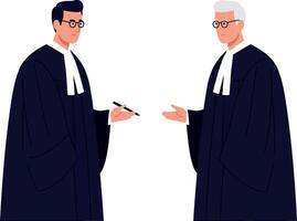Two lawyers in formal attire discussing case details in a flat illustration vector