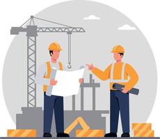 Two construction workers discussing plans at a building site in flat art vector