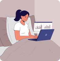 Woman working on a laptop in bed, casual attire, minimal style, focused on data analysis, illustration vector