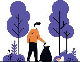 A person collecting trash in a park surrounded by vibrant trees in a minimal illustration vector