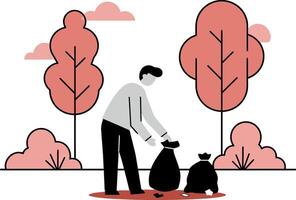 Person collecting trash in a park surrounded by trees in a minimal illustration vector