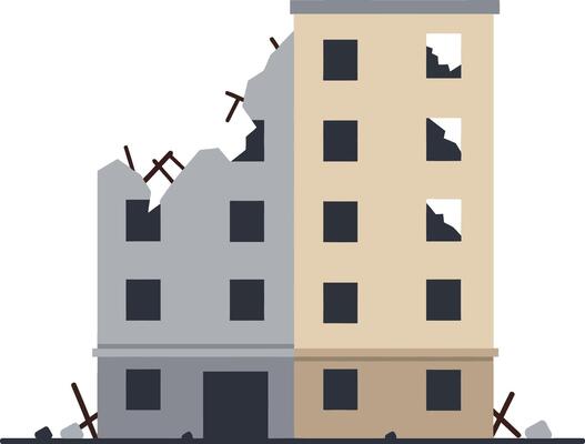 Damaged buildings with crumbled walls and broken windows in minimal art