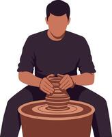 Man shaping clay on a pottery wheel in minimal style art vector
