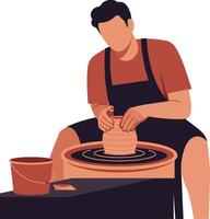 A man shaping clay on a pottery wheel in a minimal flat illustration vector