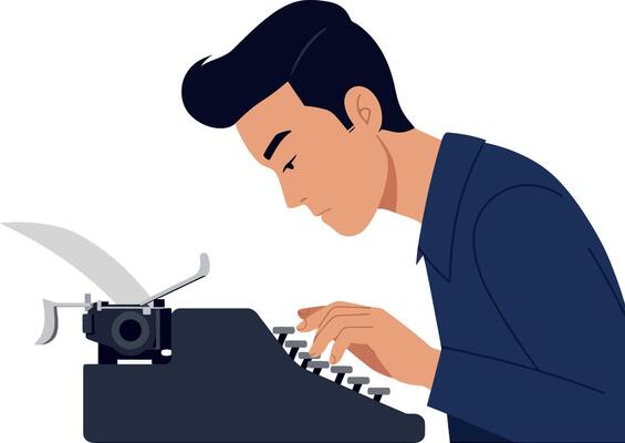 A focused young man typing on a vintage typewriter in a minimal flat illustration