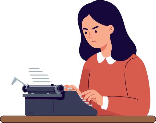 A focused woman typing on a classic typewriter in a minimal, flat design illustration