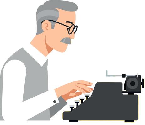 Elderly man typing on a vintage typewriter in a flat illustration style