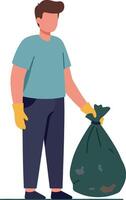 Man in yellow gloves holding a garbage bag in a flat illustration vector