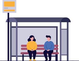 Two people waiting at a bus stop in minimal style illustration vector