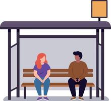 Two people sitting at a bus stop in a minimal flat design illustration vector