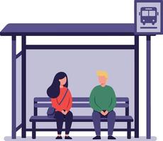 Two people waiting at a bus stop in minimal flat art vector