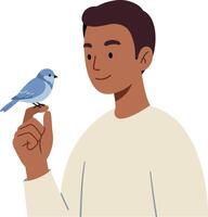 A young man smiling while holding a bluebird on his finger in minimal art vector