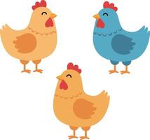 Three colorful cartoon chickens in flat design style creating a cheerful illustration vector