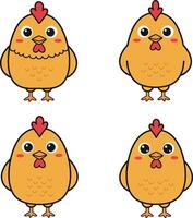 Four cartoon-style chickens with bright yellow feathers and playful expressions in a flat illustration vector