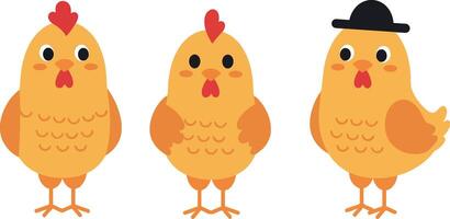 Three cheerful cartoon chickens in flat design style showcasing different poses and expressions in vibrant art vector
