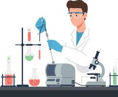 Scientist performing experiments in a lab with colorful liquids in flat art vector