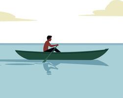 A man rowing a green boat on calm water in minimal flat art vector