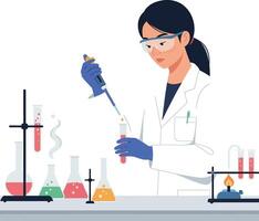 Scientist conducting experiments in a laboratory with colorful liquids in flat art vector