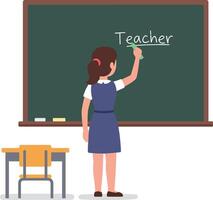 Teacher writing on a chalkboard in a classroom, minimal style, conveying a learning atmosphere in illustration vector