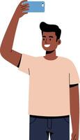 Young man smiling while taking a selfie in a minimal flat design art vector