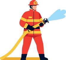 Firefighter in bright red uniform spraying water, minimal style illustration vector