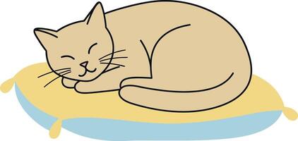 A sleeping cat curled up peacefully on a soft pillow in a minimal flat illustration vector