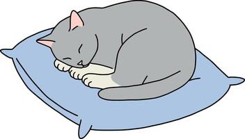 Gray cat curled up peacefully on a soft blue pillow in flat art vector