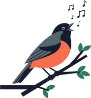 A singing bird perched on a branch with leaves in flat art vector