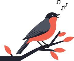 A singing bird perched on a branch with vibrant leaves in flat art vector