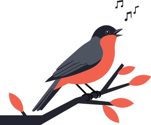 A singing bird perched on a branch with vibrant leaves in flat art