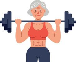 Strong elderly woman lifting weights in a flat, minimal style illustration vector