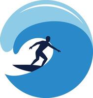 Surfer riding a cresting wave in flat blue tones showcasing dynamic energy art vector
