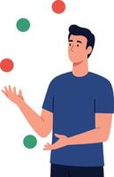 A man juggling colorful balls in a playful and cheerful atmosphere using flat art vector