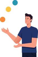 A man juggling colorful balls in a flat design style showcasing skill and focus in art vector
