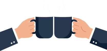 Two hands toasting with coffee mugs in a minimal flat design illustration vector