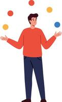 Young man juggling colorful balls in a dynamic pose with flat design style art vector