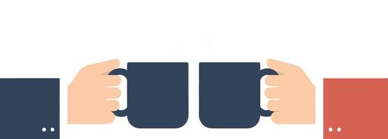 Two hands holding coffee cups in a minimalist flat design illustration vector