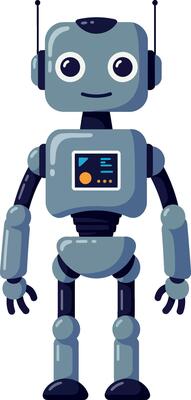 Friendly robot character in flat design smiling with animated features in art