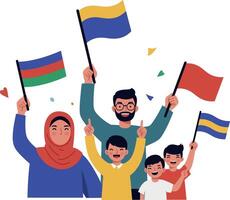 A diverse group of joyful people celebrating with colorful flags in flat art vector