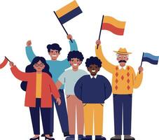 Group of diverse people celebrating with colorful flags in a flat illustration vector